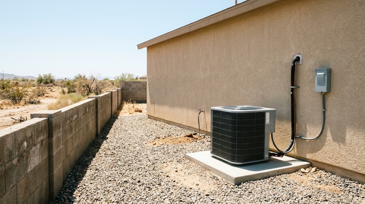 A condenser unit on a concrete pad beside a stucco house wall with copper lines and gravel.