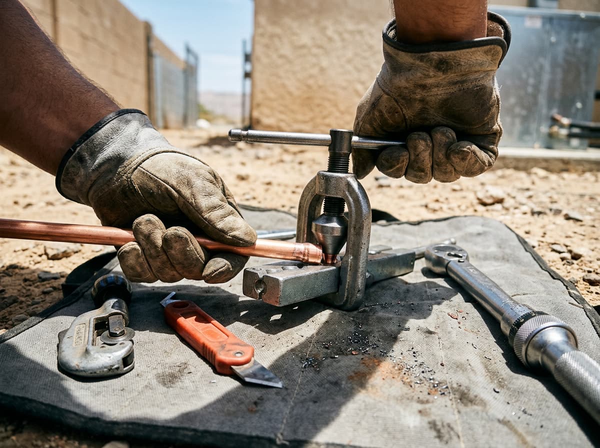Gloved hands flare a copper refrigerant line with a hand tool beside a cutter and wrench.