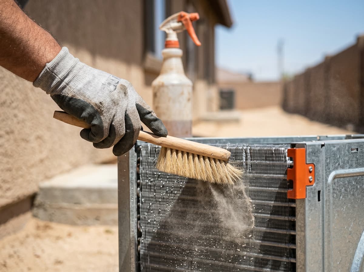 A gloved hand brushes dust from the aluminium fins of a condenser coil, water beading.