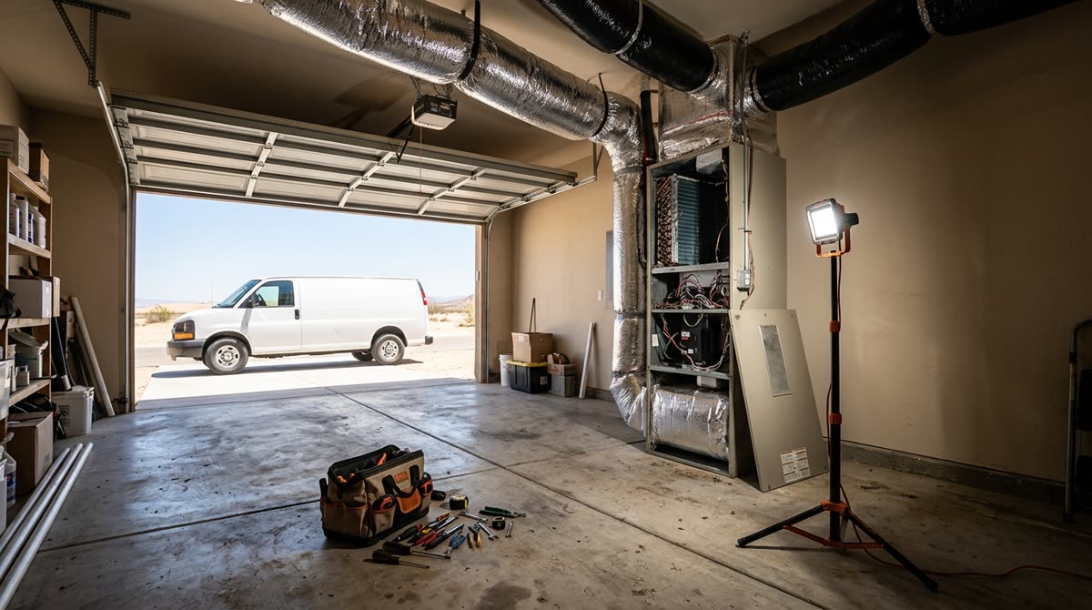 An open air handler in a garage with tools on the floor and a work light aimed inside.