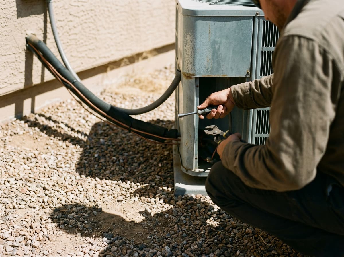 A technician sits beside an outdoor unit reaching into an open panel with a nut driver.