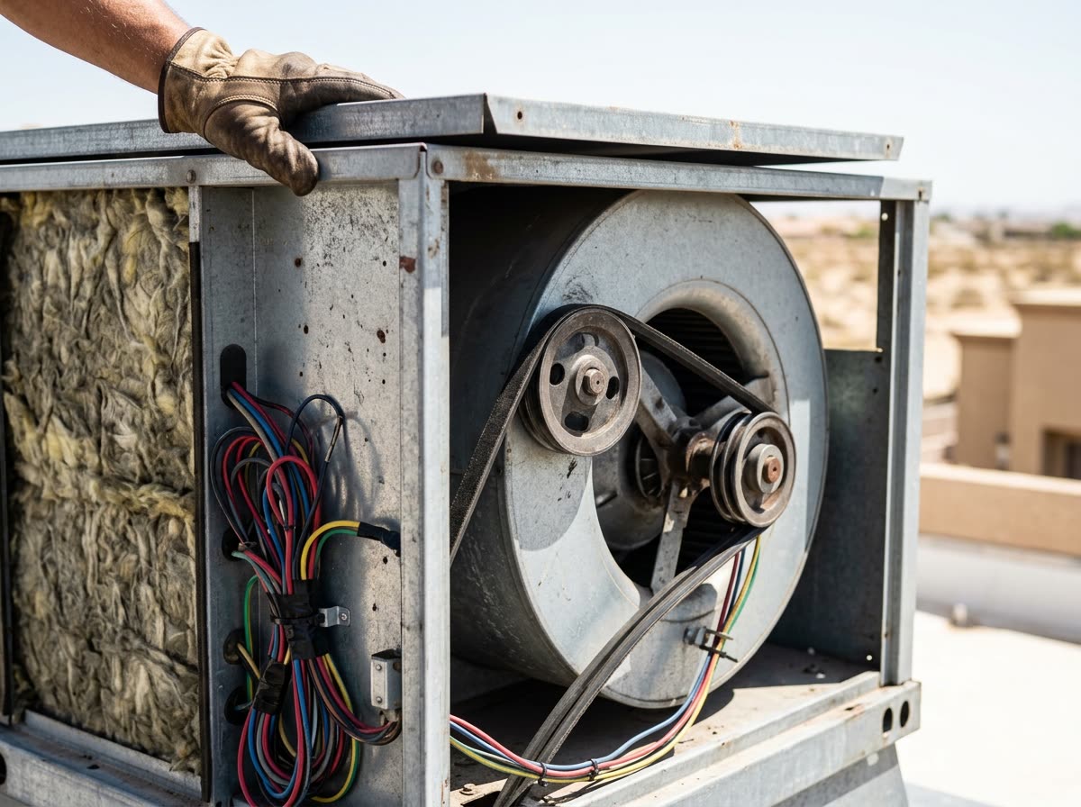 A drive belt and pulleys inside an opened rooftop unit with a gloved hand on the panel.