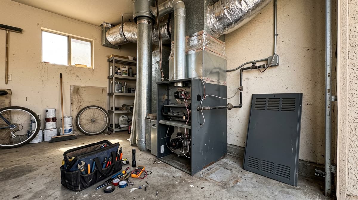 A garage utility corner with an open gas furnace cabinet, flexible ducts and a tool bag.