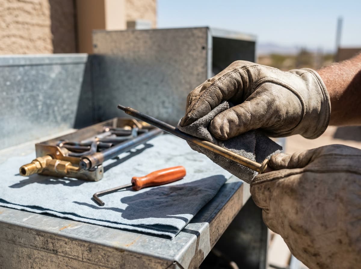 Gloved hands polish a slim flame sensor rod with cloth beside a burner assembly and driver.