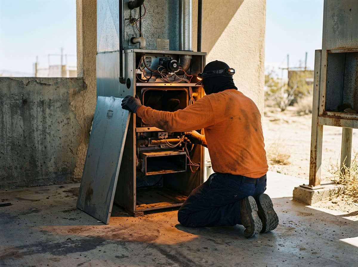 A technician kneels at an open furnace cabinet, back to camera, with light glowing inside.