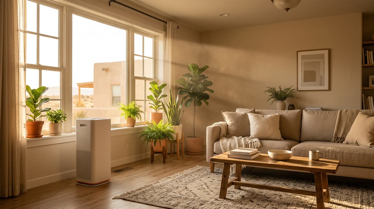 Sunlight through a window reveals fine dust in the air near a floor-standing air purifier.