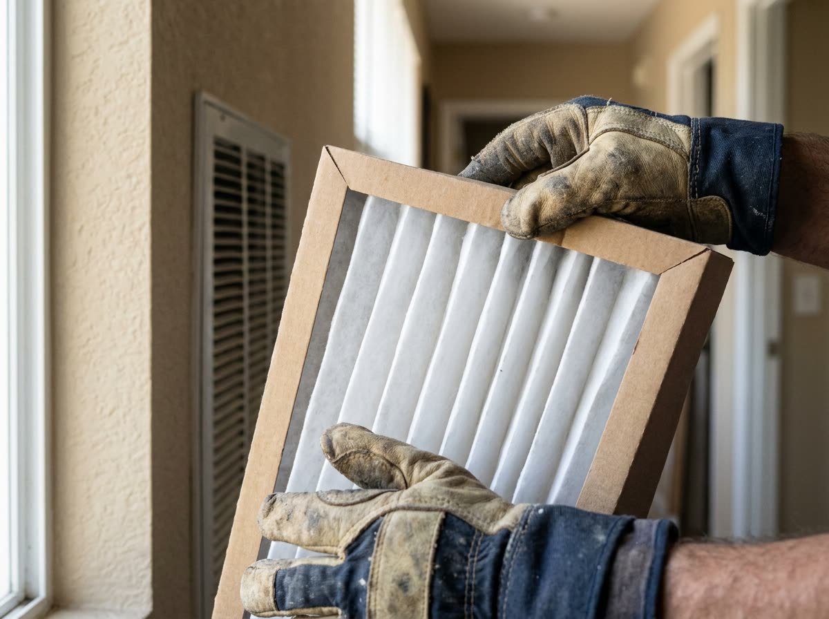Gloved hands hold a clean pleated filter, close on the folded media and plain frame edge.